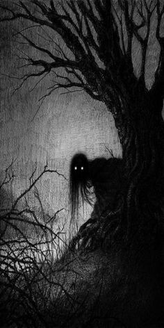 a black and white photo of a tree with a creepy face in the dark night