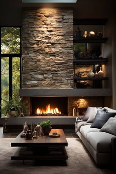 a living room filled with furniture and a fire place next to a wall mounted fireplace