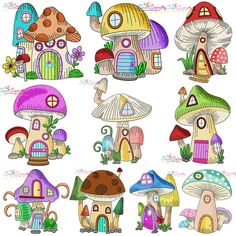 a group of different colored mushrooms and houses