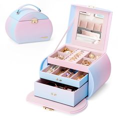 a pink and blue box with jewelry inside