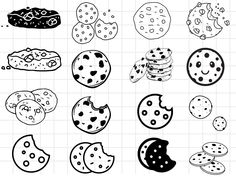 different kinds of cookies and pies on a white background with black lines, hand drawn