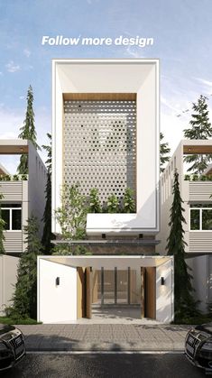 an artist's rendering of the front entrance to a modern apartment building with trees surrounding it