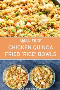 chicken quinoa fried rice bowls with text overlay