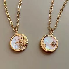 Gold plated chain AAA cubic zirconia crystals Sun (sol) or moon (lune) pendant Pendant measures 15mm (.5") Sun And Moon Necklace, Ring Der O, Moon Pendant Necklace, Dope Jewelry, Funky Jewelry, Jewelry Lookbook, Sun And Moon, Girly Jewelry, Shell Pendant