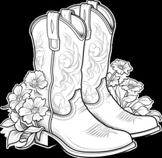 a pair of cowboy boots with flowers on the ground coloring page for kids and adults