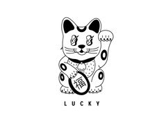 a black and white drawing of a cat with the word lucky on it's chest