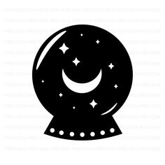 a black and white silhouette of a crescent with stars in the night sky on top