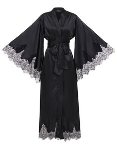 The Audra robe is a sleek, black satin piece with bell sleeves and a hem lined with lace, plus a waist tie for a nice shape. It's a long, luxurious robe that makes every morning special. ✓ garment length - 147 cm/58'' ✓ wrap over style ✓ two sets of inside ties ✓ wide obi-tie is included. Material Composition:  polyamide 60%, viscose 20%, polyester 10%, silk 7%, elastane 3% Model is 175 cm/66.9'' tall and wears size XS/S. Elegant Satin Robe With Kimono Sleeves, Party Satin Kimono With Satin Finish, Party Satin Kimono, Party Satin Finish Kimono, Black Satin Dress With Lace Trim, Black Satin Gown With Long Sleeves, Long Sleeve Satin Night Dress, Elegant Silk Floor-length Robe, Black Lace Trim Floor-length Gown