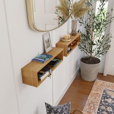 a wooden shelf with books on it next to a potted plant and a mirror