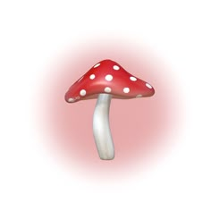 a red and white mushroom with polka dots on it's side, against a pink background