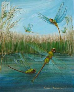 three green dragonflies are flying over the water