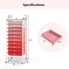 an image of a pink and red drawer with measurements for the drawers on each side