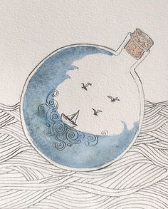 a drawing of a bottle floating on top of the ocean with birds flying around it