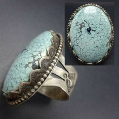 "ELGIN TOM NAVAJO RING DESCRIPTION: This spectacular ring is from celebrated Navajo artisan Elgin Tom. A gorgeous specimen of #8 turquoise is secure in hand-stamped scalloped bezel on a foundation of heavy gauge sterling silver. The wide, hand-stamped band holds this beauty perfectly in place on your finger. This extraordinary ring will be a treasured addition to your collection of fine Native American jewelry. MEASUREMENTS: Ring face measures 1 5/8\" x 1 1/4\" Cabochon measures 37mm x 27mm RING Southwestern Silver Turquoise Ring For Jewelry Making, Antique Untreated Turquoise Jewelry, Collectible Stamped 925 Turquoise Ring, Southwestern Style Cabochon Ring Collectible, Southwestern Style Cabochon Rings, Collectible, Heirloom Turquoise Ring For Collectors, Untreated Round Turquoise Collectible Ring, Antique Turquoise Sterling Silver Ring, Vintage Stamped 925 Turquoise Collectible Ring