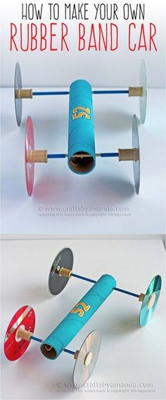 two pictures with the words how to make your own rubber band car on top of each other