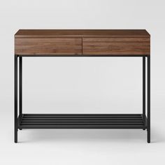 a wooden and metal console table with two drawers on one side, against a white background