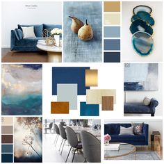 a collage of blue and gold color scheme for interior design, including couches