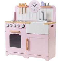 a pink wooden play kitchen with an oven, sink and stove top on white background