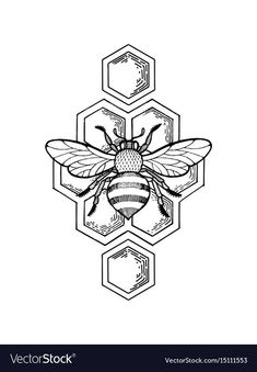 a bee with honeycombs on the back in black and white ink drawing style