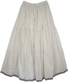 White Cotton Crisp Long Skirt - This is a beautiful white skirt with crinkle effect that offers a bohemian style. Skirt is stylish, easy to wear, and is one of this season`s hottest looks!. This is a quality cotton Crinkle Long Skirt with a contrasting fabric border on the hem and golden floral rendition in block print. The Long Cotton Skirt has elastic and drawstring waist, with cotton half lining. This skirt surely looks beautiful as it highlights the contrast in white and golden (see detailed Long Cotton Skirt, White Cotton Skirt, Crinkle Skirt, White Long Skirt, Trendy Skirts, Modest Skirts, Embellished Gown, Skirt Patterns Sewing, Boho Skirts