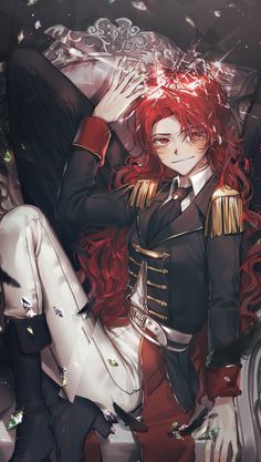 an anime character with red hair and black clothes