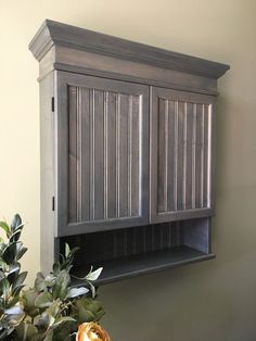 a wall mounted cabinet next to a potted plant