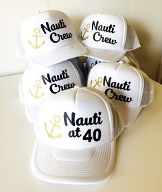 Nauti at 40! This is a fun hat for your favorite 40 year old and the Nauti Crew hats are perfect for her crew!! *this is an adult size trucker hat I welcome custom requests ~ please convo me to work out your own design! :: Hat Details :: - 100% Polyester Front - 100% Nylon Mesh Back - 5-panel cap - Seamless Foam Front Panel with Lining - Matching Mesh Color Braid - 8 Rows Stitching on Visor - Matching Fabric Undervisor - Matching Color Sweatband - Plastic Adjustable Snap 40th Birthday Boat Party, White Snapback Trucker Hat For Party, White Adjustable Mini Hats For Birthday, Adjustable White Mini Hat For Birthday, White Adjustable Mini Hat For Birthdays, Adjustable White Mini Hat For Birthdays, White Summer Party Trucker Hat, White Trucker Baseball Cap For Party, White Snapback Party Hat