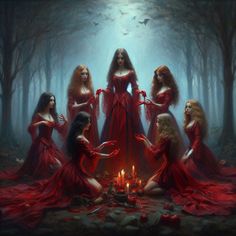 a group of women in red dresses standing around a candle