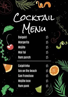 the cocktail menu is shown with fruits and vegetables