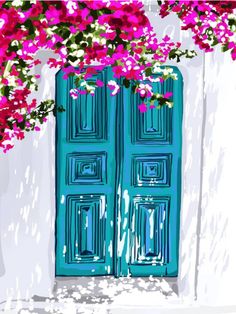 a painting of two blue doors with pink flowers on the outside, and white walls