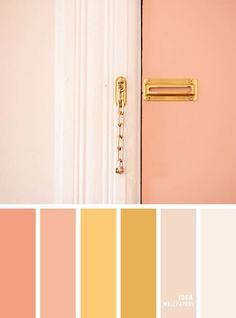 the color scheme is peach, yellow and pink with gold hardware on each door handle