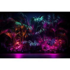 an image of colorful lights in the night sky over plants and trees with water below