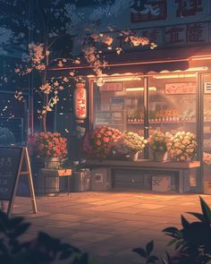 an image of a flower shop at night