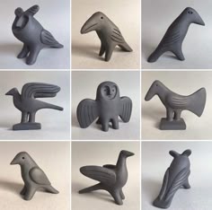 six different types of bird figurines in various shapes and sizes, each with an individual's face