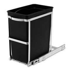 a black trash can sitting on top of a metal rack with two bins attached to it