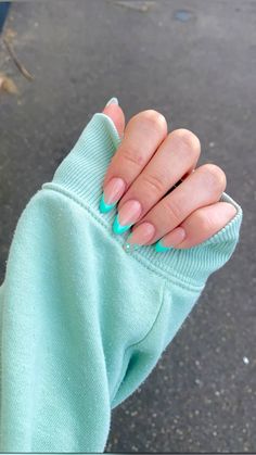 turquoise summer nails #summer #summernails #acrylics #summeracrylics #fun #frenchtip #turquoise #flowernails Cute Nails Turquoise, Summer Gel Nails Turquoise, Turquoise Nails Designs Ideas, Summer 2024 French Tip Nails, Nails Almond Turquoise, Aqua Blue Almond Nails, Flashy Nails Summer, Teal Nails Almond Shape, Turquoise Nails Summer