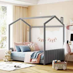 a child's bedroom decorated in pastel colors