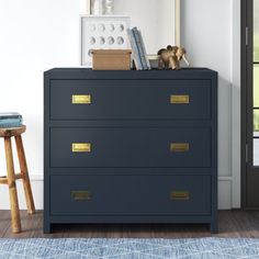 a blue chest of drawers in a room