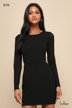 Get swept off your feet in the Lulus Garden Bliss Black Long Sleeve Cutout Bodycon Mini Dress! Figure-hugging techno crepe knit shapes this cute dress featuring a crew neckline and a darted bodice, framed by long, sheer mesh sleeves. High, fitted waist tops a mini bodycon skirt while a flirty back cutout adds a little something extra that's sure to turn heads. Exposed silver zipper at back, plus elastic at waist and a hidden back zipper/clasp. Fit: This garment fits true to size. Length: Above m Black And Blue Dress, Casual Formal Dresses, Dress Attire, Lulu Fashion, Black Knit Dress, Casual Wedding Dress, Cocktail Attire, Bodycon Skirt, Silver Zipper