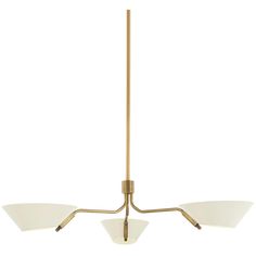 three light brass chandelier with white glass shades