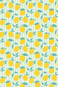 a blue and yellow striped background with lemons on the vine, leaves and stripes