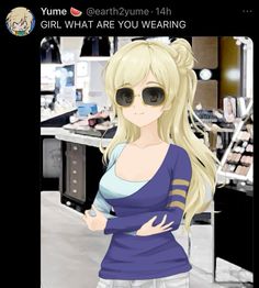 an anime character with sunglasses on her face and long blonde hair, standing in front of a counter