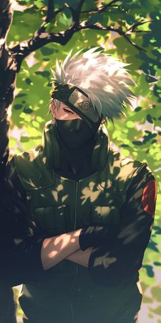 an anime character standing in front of trees with his arms crossed and looking at the camera