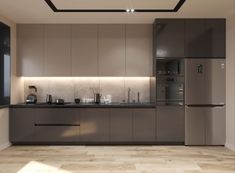 a modern kitchen with stainless steel appliances and wood flooring