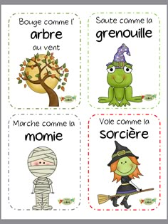 four different pictures with words in french and english, including an image of a tree