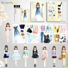 an assortment of paper dolls with clothes and accessories