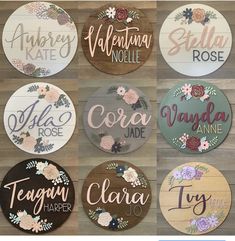 wooden signs that say different names and flowers on the front of each sign, which are hand - painted with acrylic paint