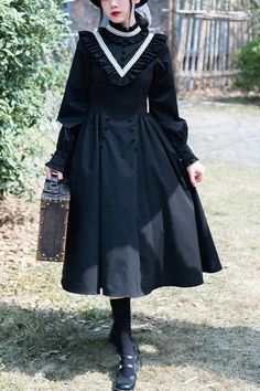 Black Olivia Autumn Winter Stand Collar Long Sleeves Gothic Lolita Dr – LolitaInside Style Gothic, Gothic Clothes, Sleeves Style, Prom Dress Inspiration, Lolita Dress, Gothic Lolita, Stage Outfits, Fabric Cotton, Stand Collar