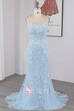 beaded sky blue floral lace mermaid evening formal dress Under The Sea Dress, Prom Dress Tight, Blue Lace Prom Dress, Formal Dresses Mermaid, Sea Dress, Dress Train, Military Ball Dresses, Military Ball, Lace Mermaid