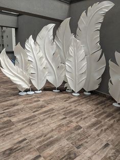 several white feathers are lined up against a wall in an office building with wood flooring